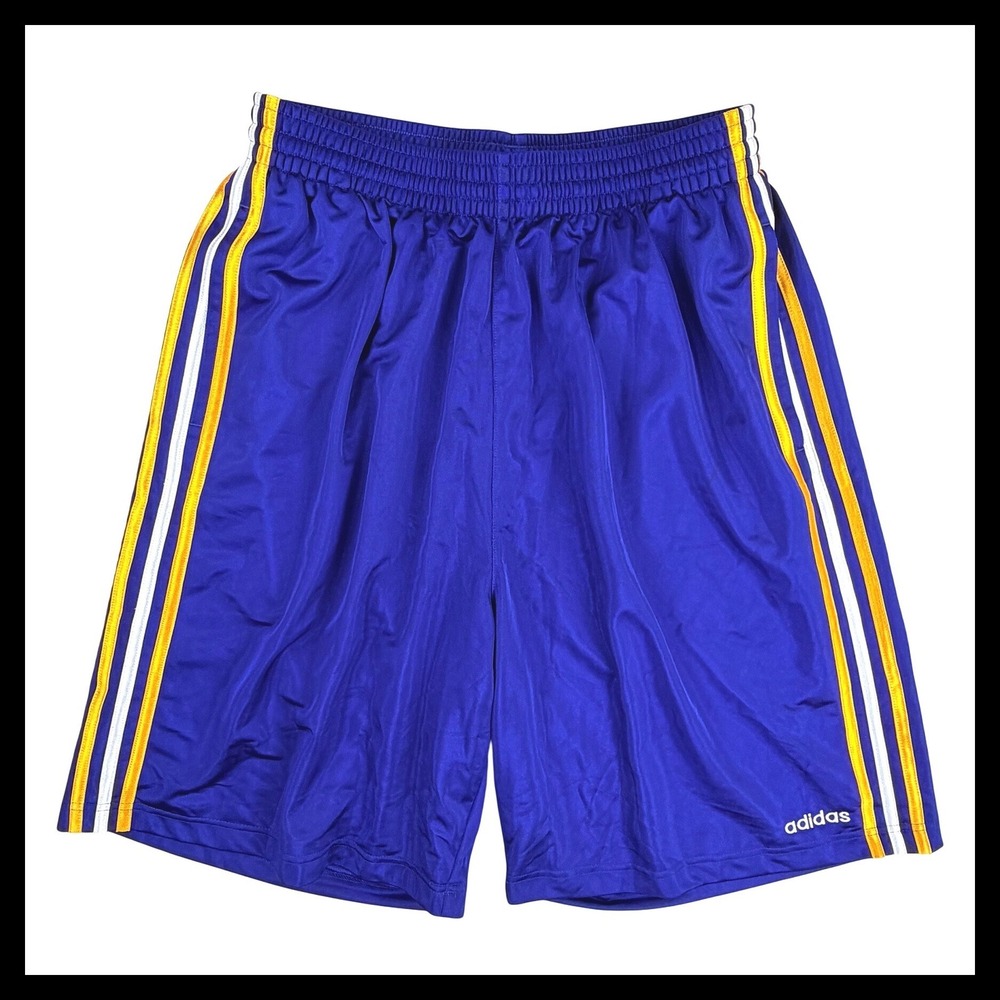 Adidas Basketball Dazzle Sparkle Shorts Men XL Long Blue Yellow Striped VTG 10"